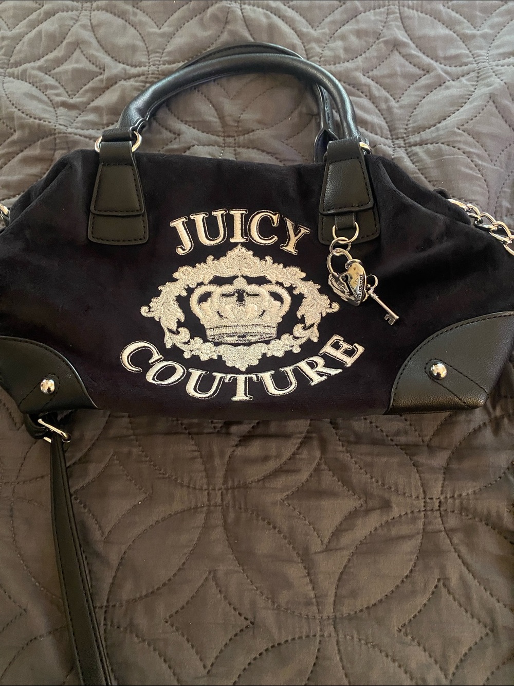 Juicy Couture Black Velour Shoulder Bag with Heart Key Charm